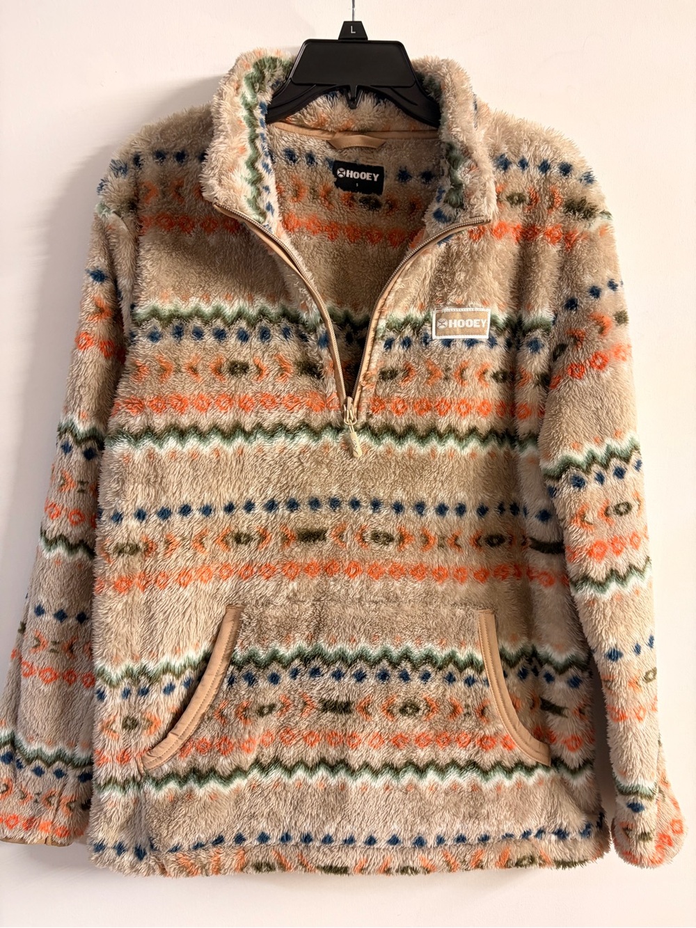 Hooey Men’s Beige Fleece Zip Pullover with Orange and Green Pattern
